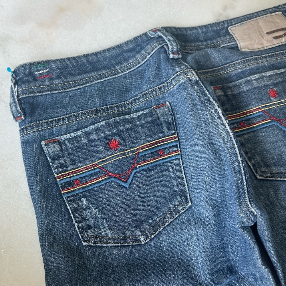 Diesel Blue Boot Cut Bebel BC Jeans with Red Blue Gold Embroidery Sz W27 L30